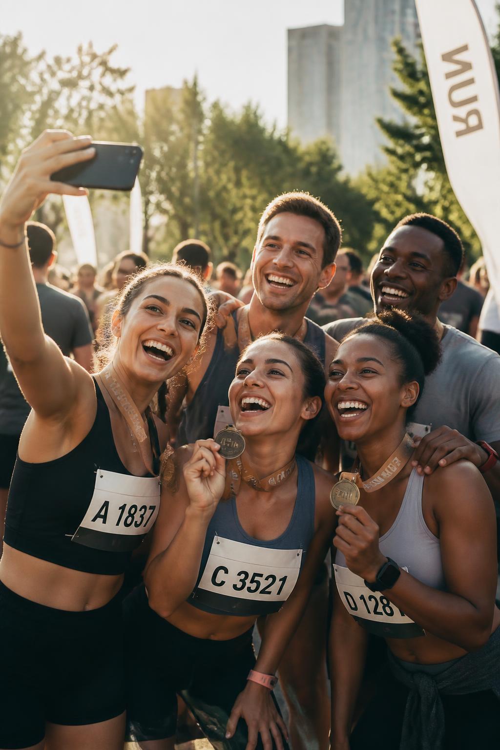 Corredores celebrando após a prova, tirando selfie com medalhas e alta energia